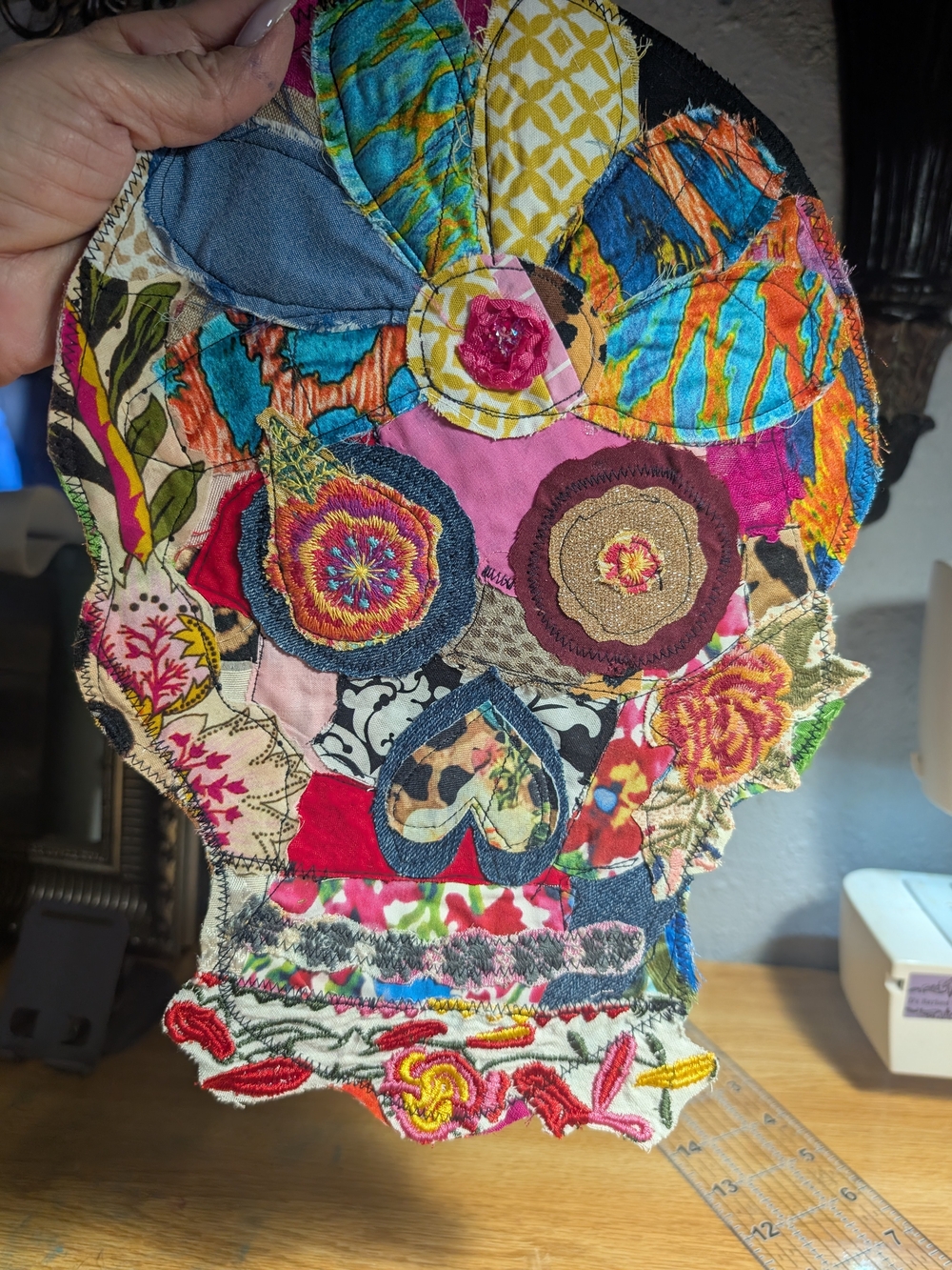 Handmade Colorful Floral Patchwork Skull Accent - Multicolor